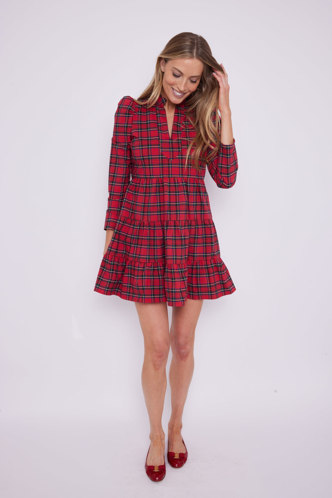 Red Tartan Long Sleeve Tunic Flare Dress