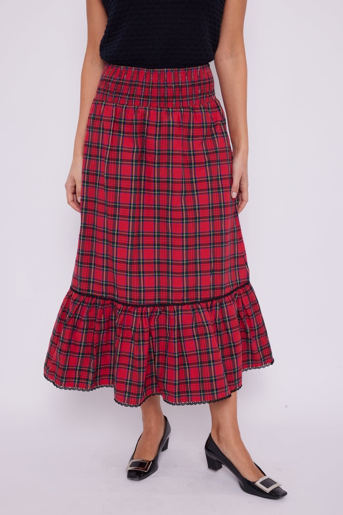 Red Tartan Smocked Waist Midi Skirt