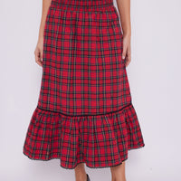 Red Tartan Smocked Waist Midi Skirt