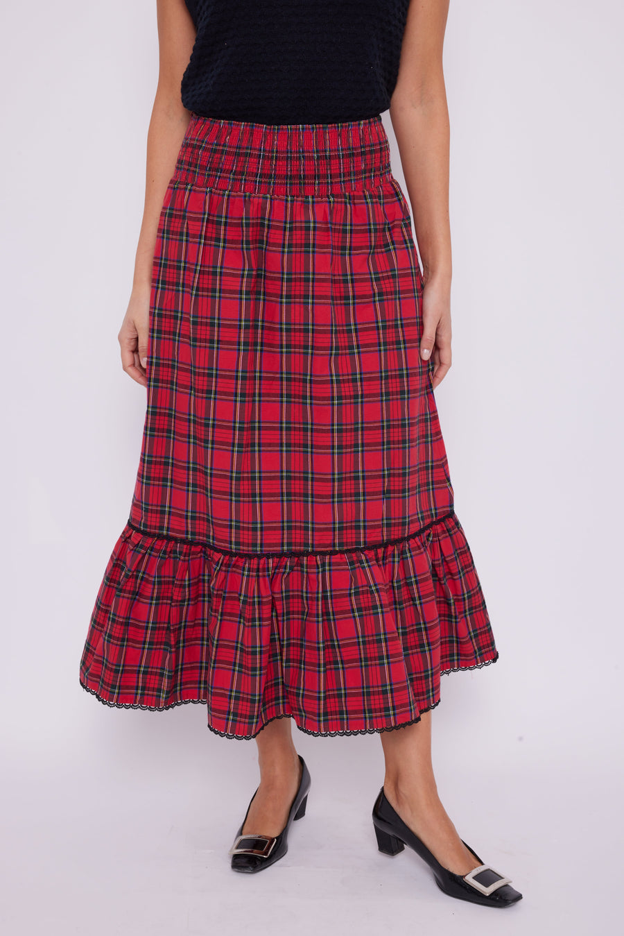 Red Tartan Smocked Waist Midi Skirt