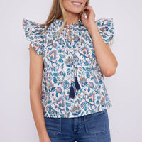 French Floral Flutter Sleeve Top with Tassels