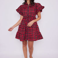 Red Tartan Tie Waist Shirt Dress