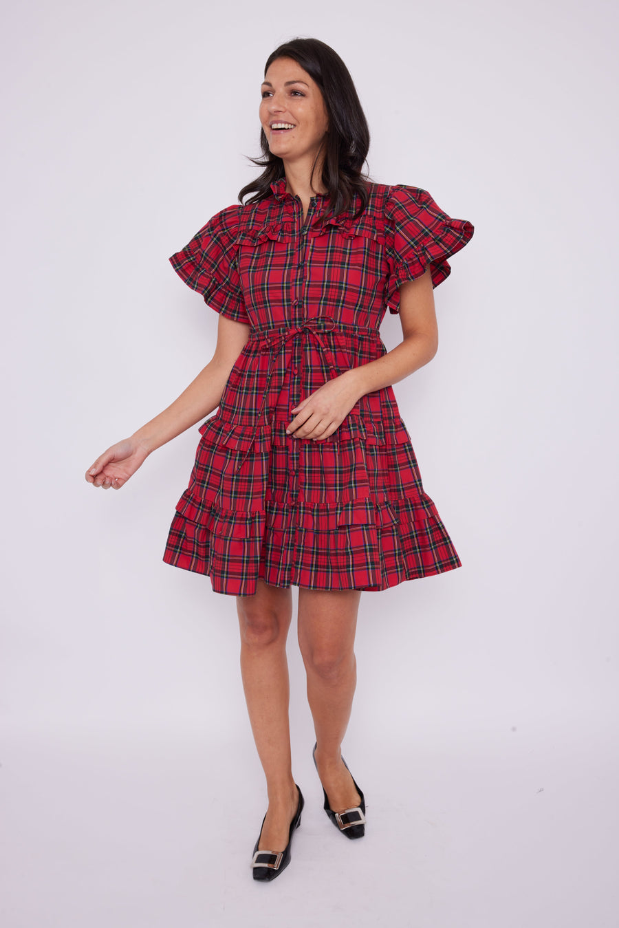 Red Tartan Tie Waist Shirt Dress