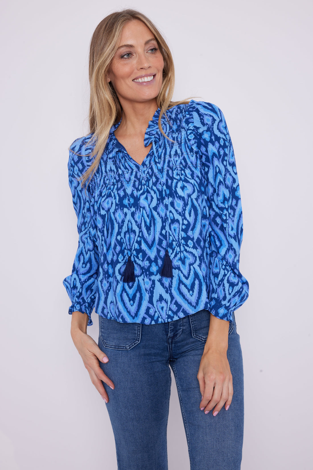 Blue Ikat Ruffle Neck Top with Tassels