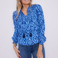 Blue Ikat Ruffle Neck Top with Tassels