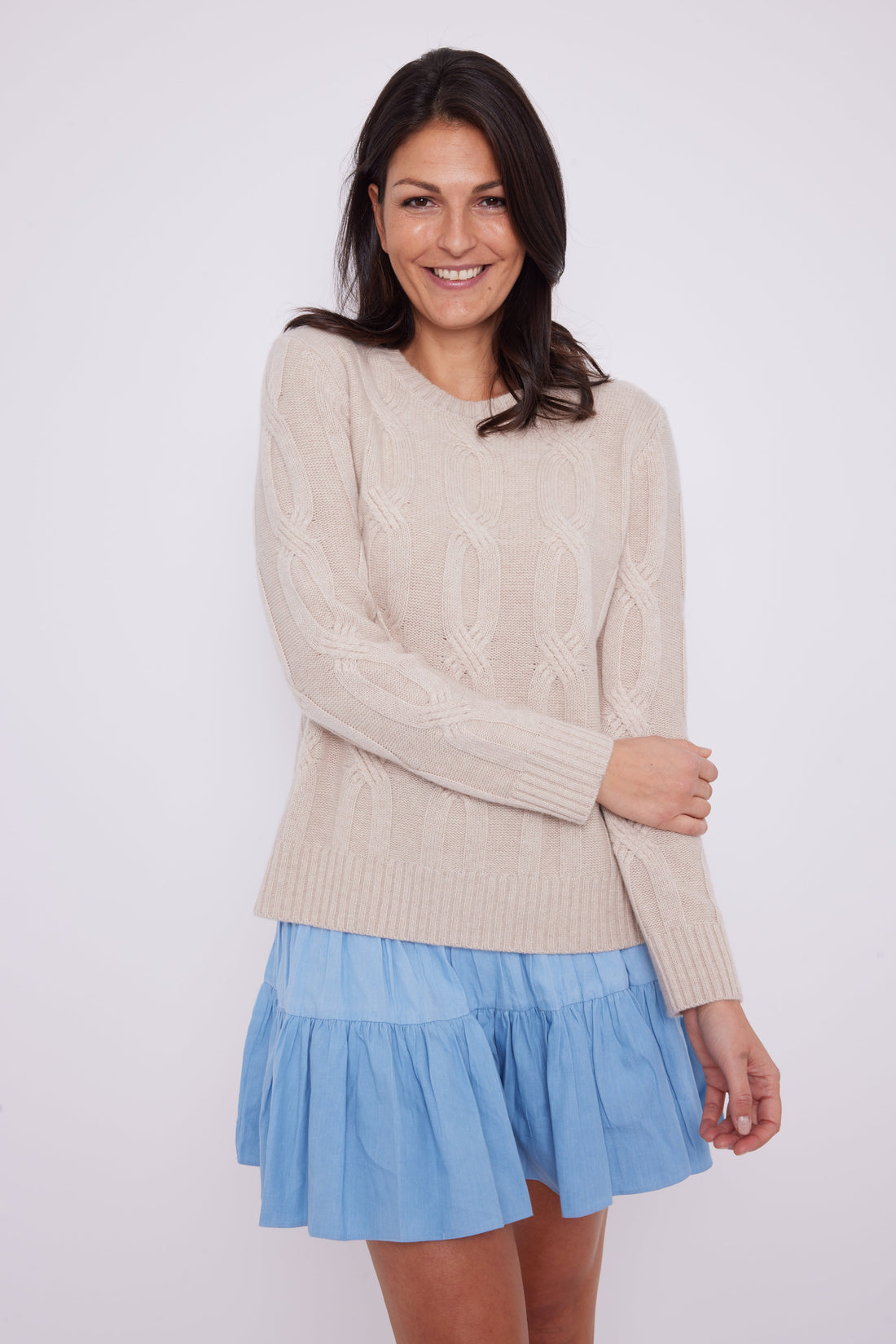 Camel Cable Knit Crew Neck Sweater