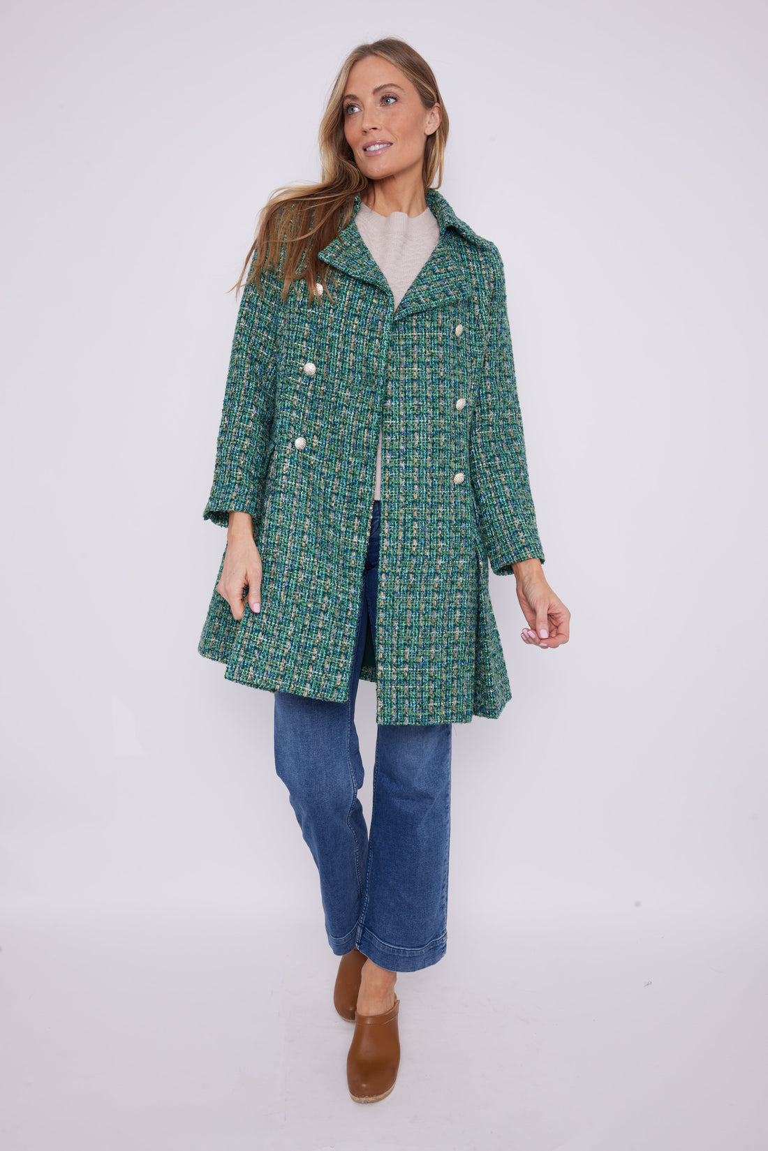 Green Multi Tweed Button Front Coat