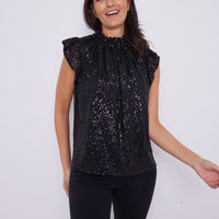 Black Sequin Ruffle Neck Top