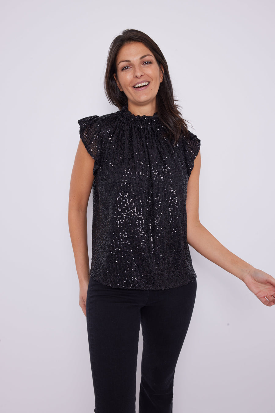 Black Sequin Ruffle Neck Top