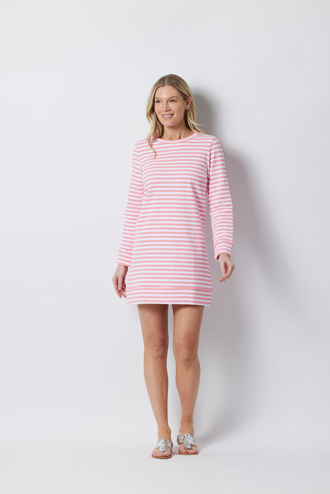 Coral & White Stripe Long Sleeve Sweatshirt Dress