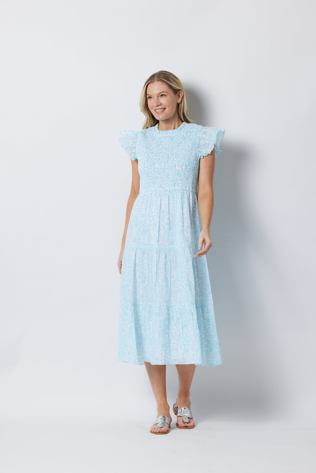 Flowering Vine Print Smocked Bodice Flutter Sleeve Midi
