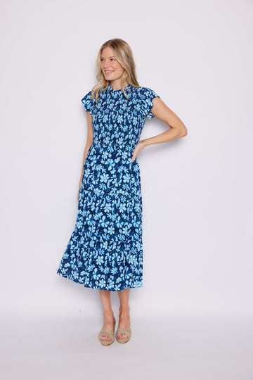 Fall Floral Smocked Bodice Midi Dress