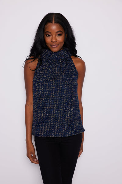 Navy Tweed Button Back Cowl Neck Top – Sail to Sable