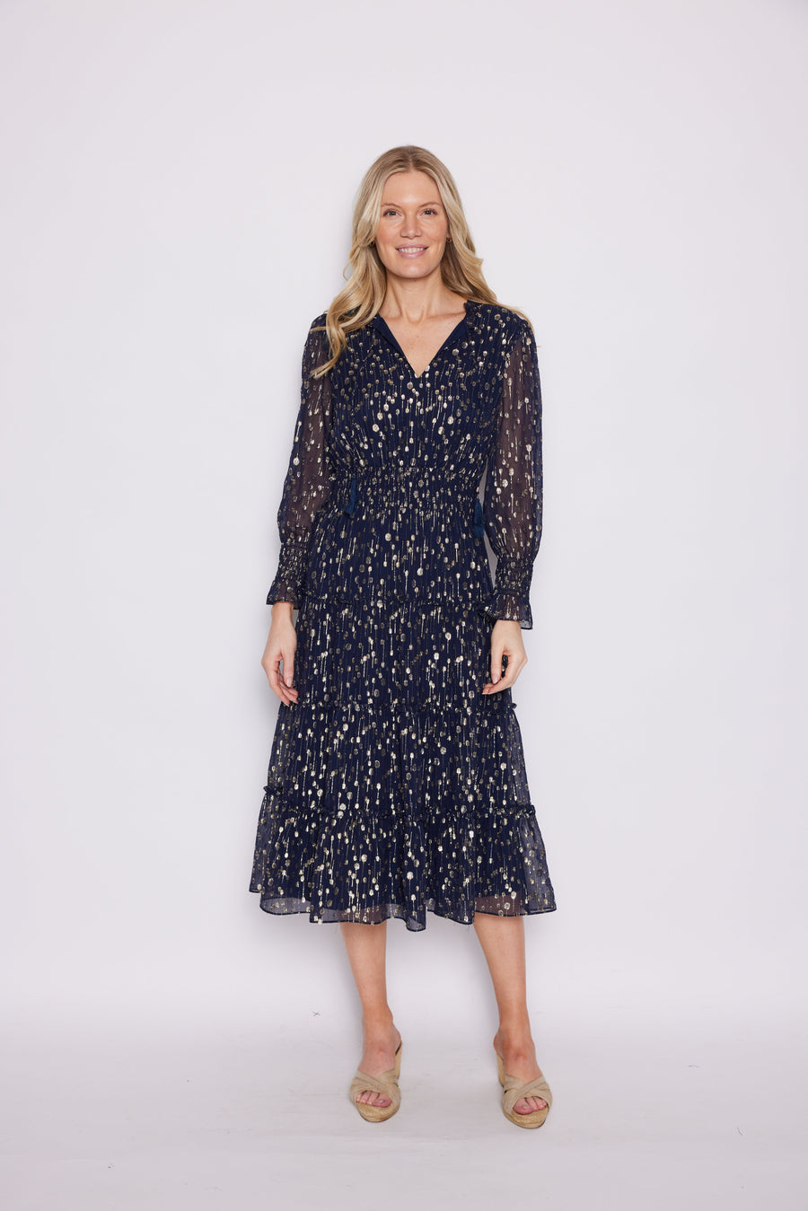 Navy Lurex Smocked Waist Midi Dress