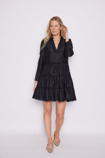 Black Lace Trim Long Sleeve Tunic Flare Dress