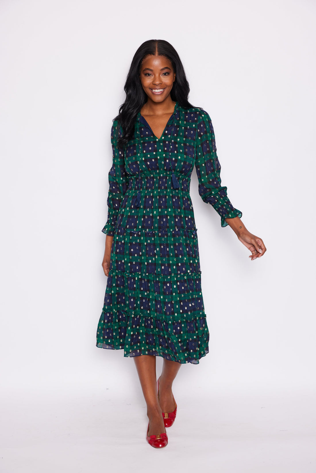 Blackwatch Lurex Clip Dot Smocked Waist Midi Dress