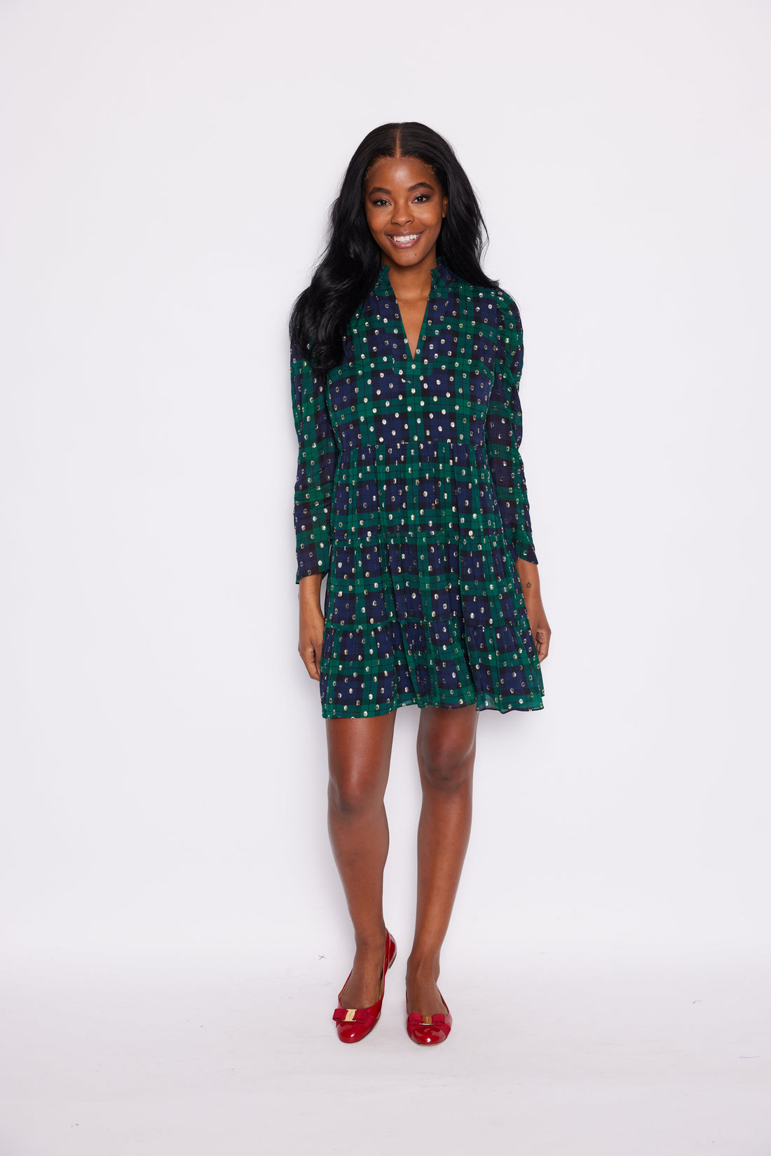 Blackwatch Lurex Clip Dot Long Sleeve Tunic Flare Dress