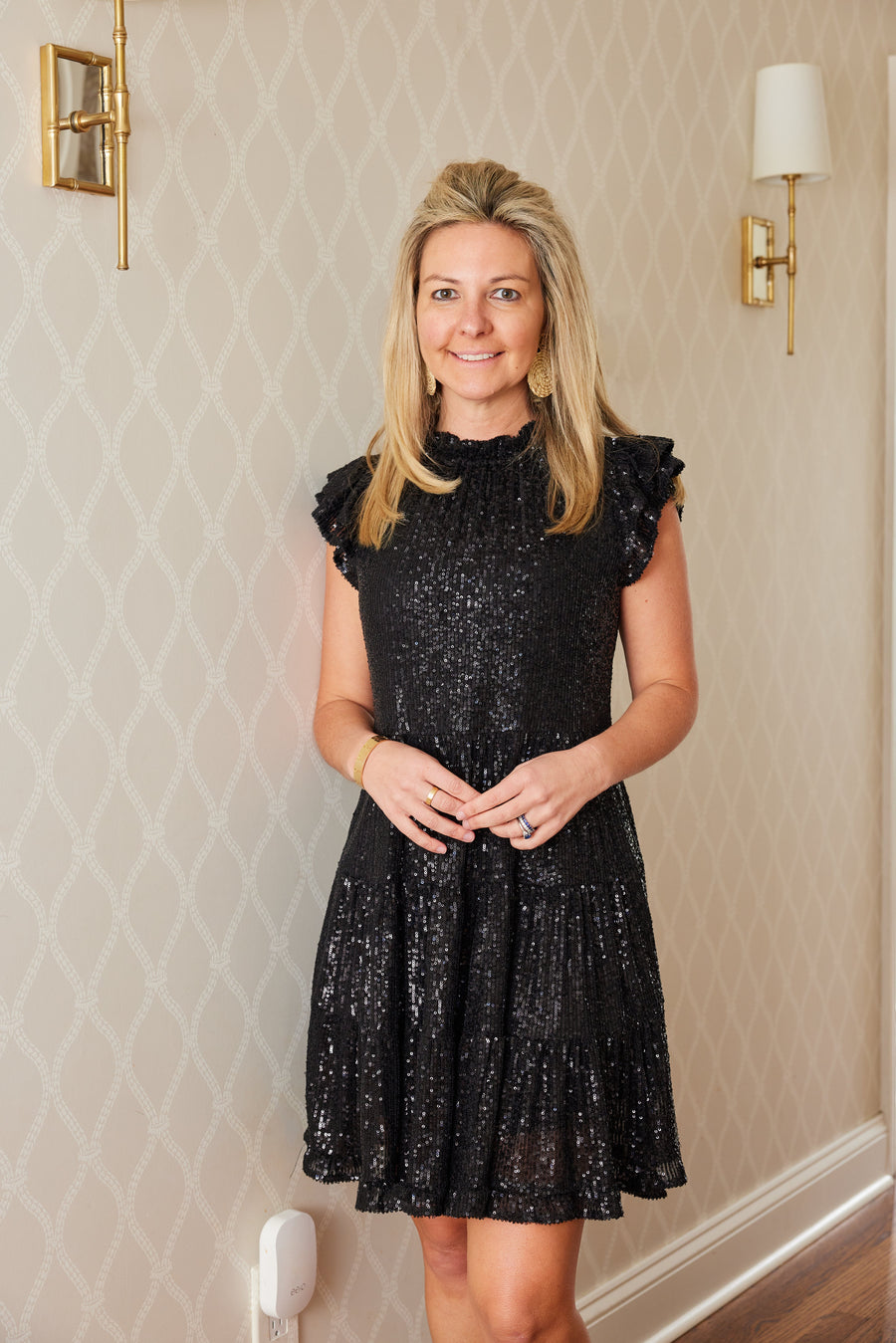 Sail to Sable Black Sequin Ruffle Neck Dress Black Sequin / L / H23121 Sail to Sable Black Sequin Ruffle Neck Dress Black Sequin / L / H23121