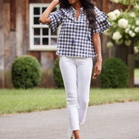 Navy Gingham Flutter Sleeve Top with Tassels