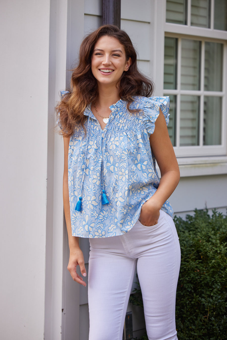 Periwinkle Floral Print Flutter Sleeve Top with Tassels