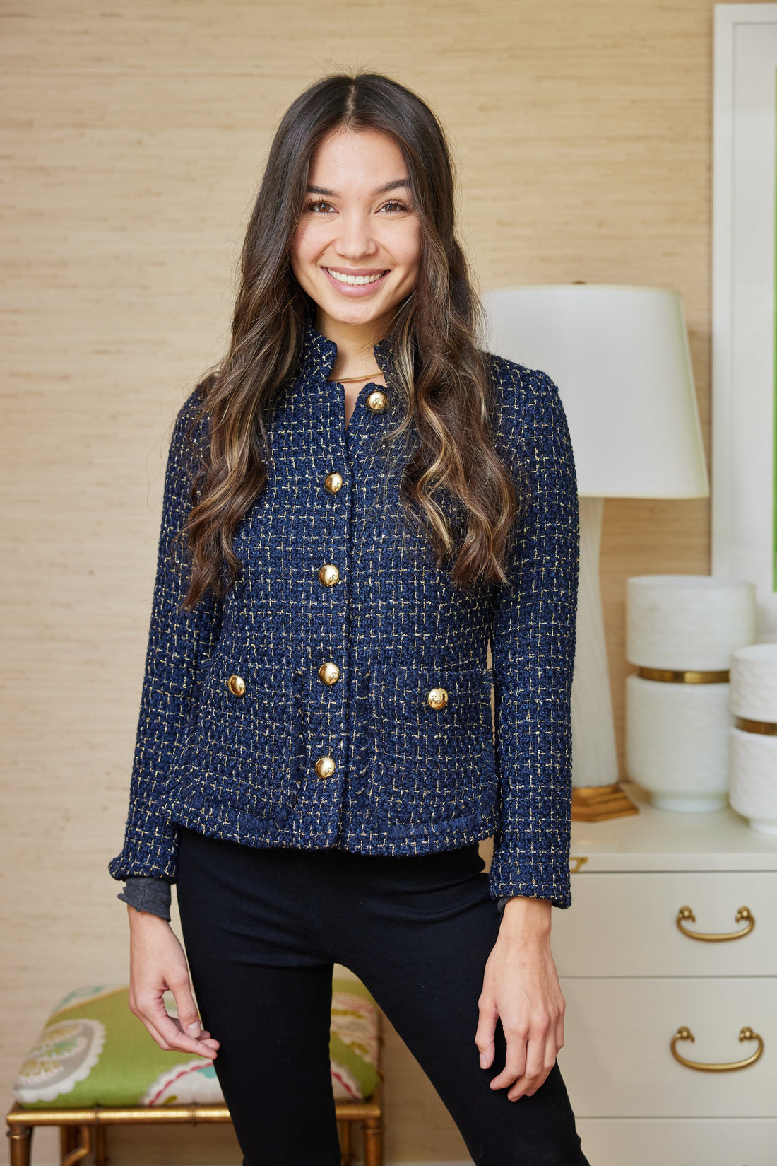 Navy Tweed Button Front Blazer
