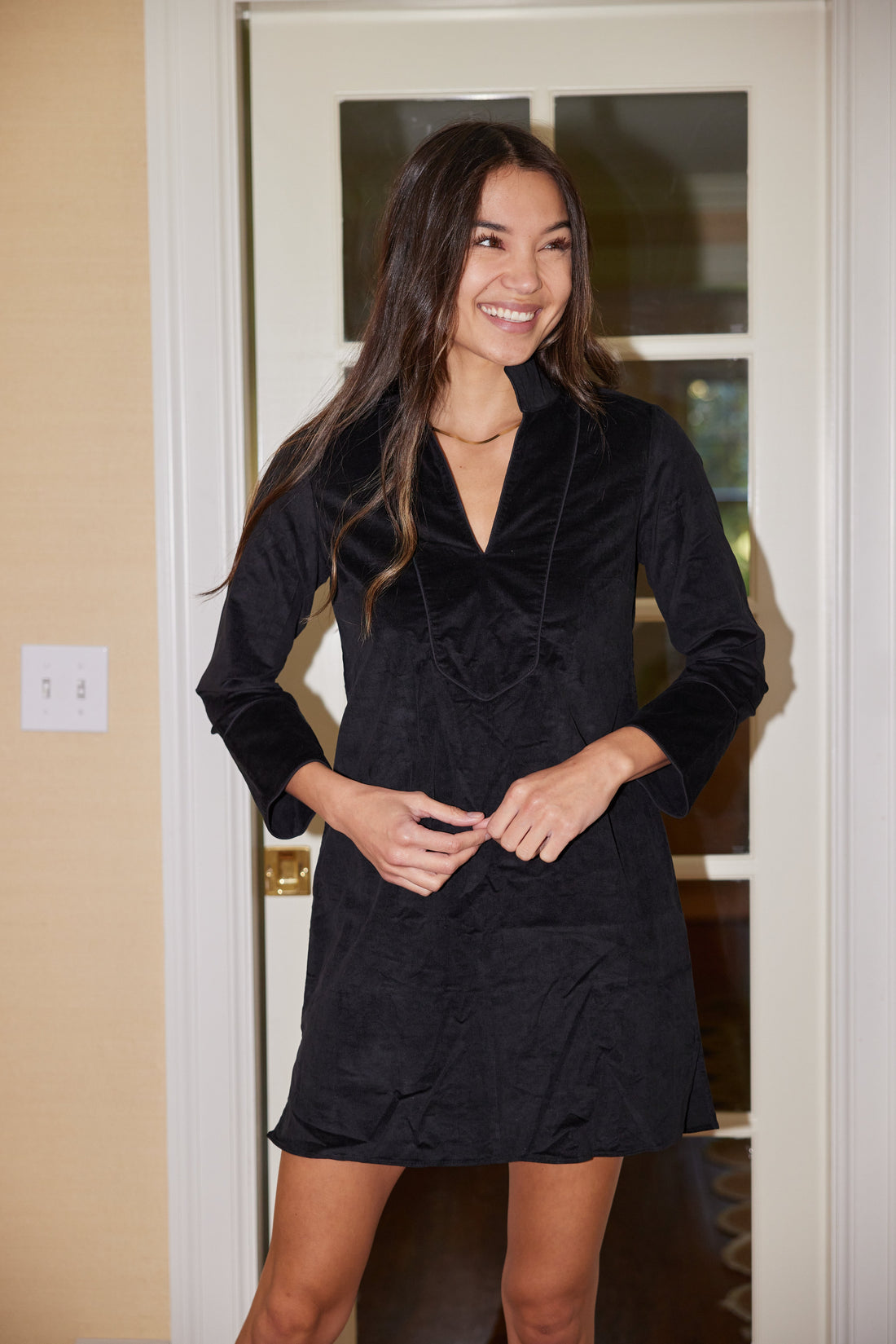 Black Long Sleeve Corduroy Tunic Dress