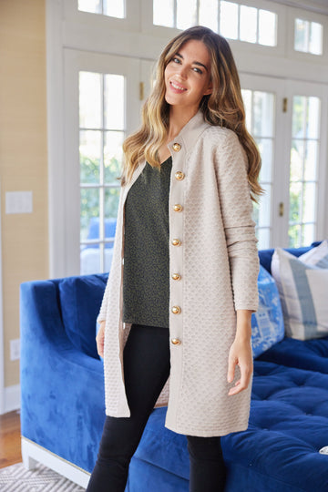 Camel Button Front Honeycomb Knit Cardigan