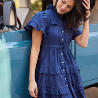 Navy Scalloped Edge Shirt Dress