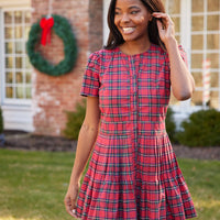 Red Tartan Pleated Button Front Dress