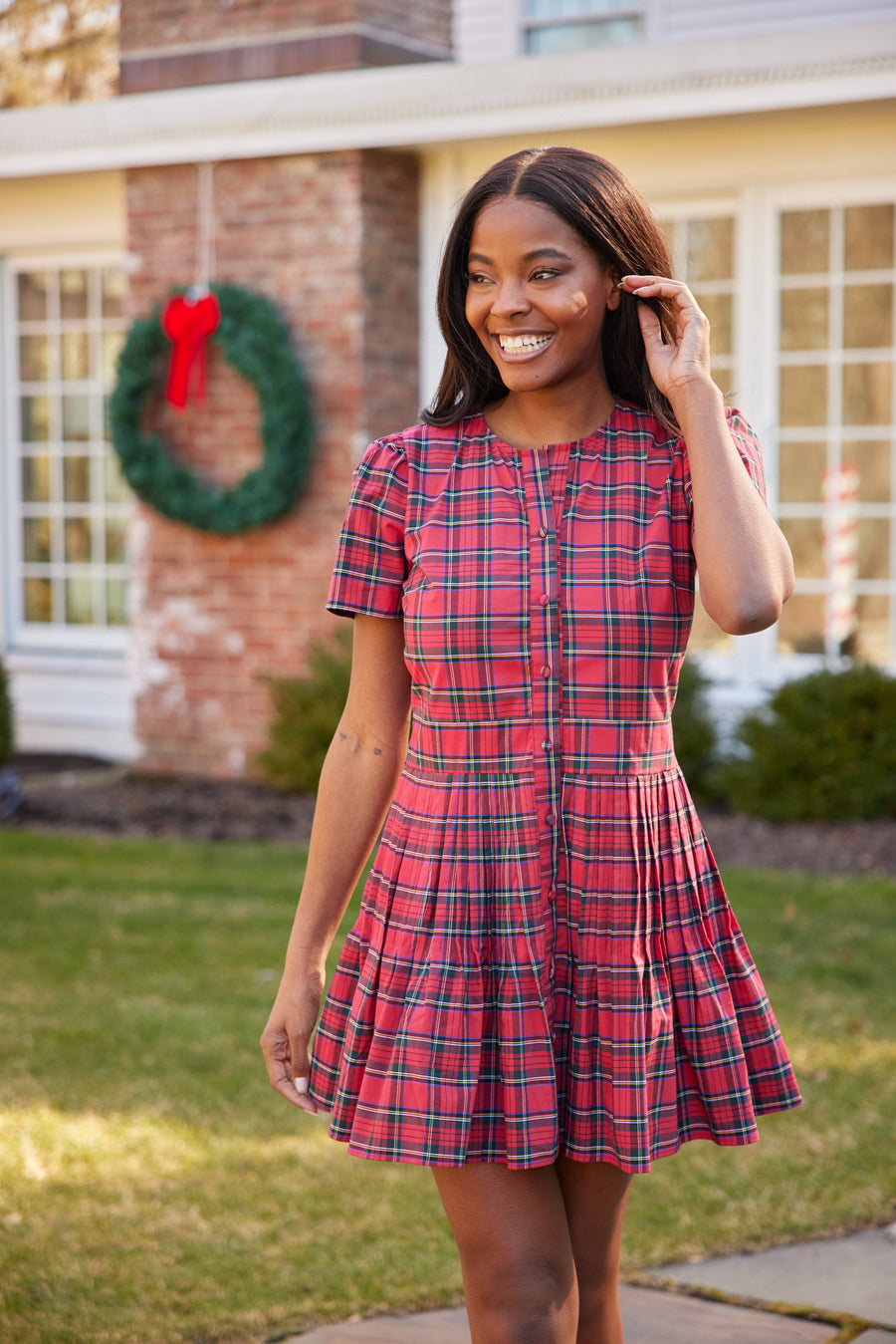 Red Tartan Pleated Button Front Dress