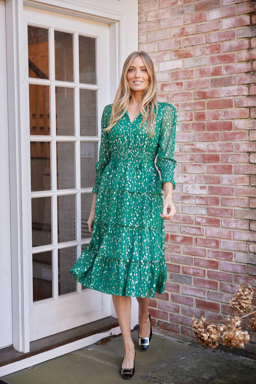 Hunter Green Smocked Waist Midi Dress