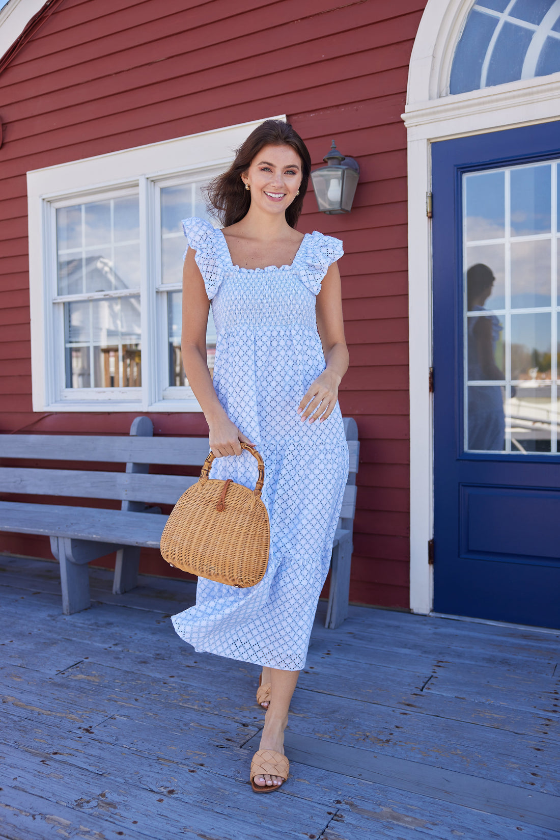 Lacecap Lattice Eyelet Smocked Midi Dress