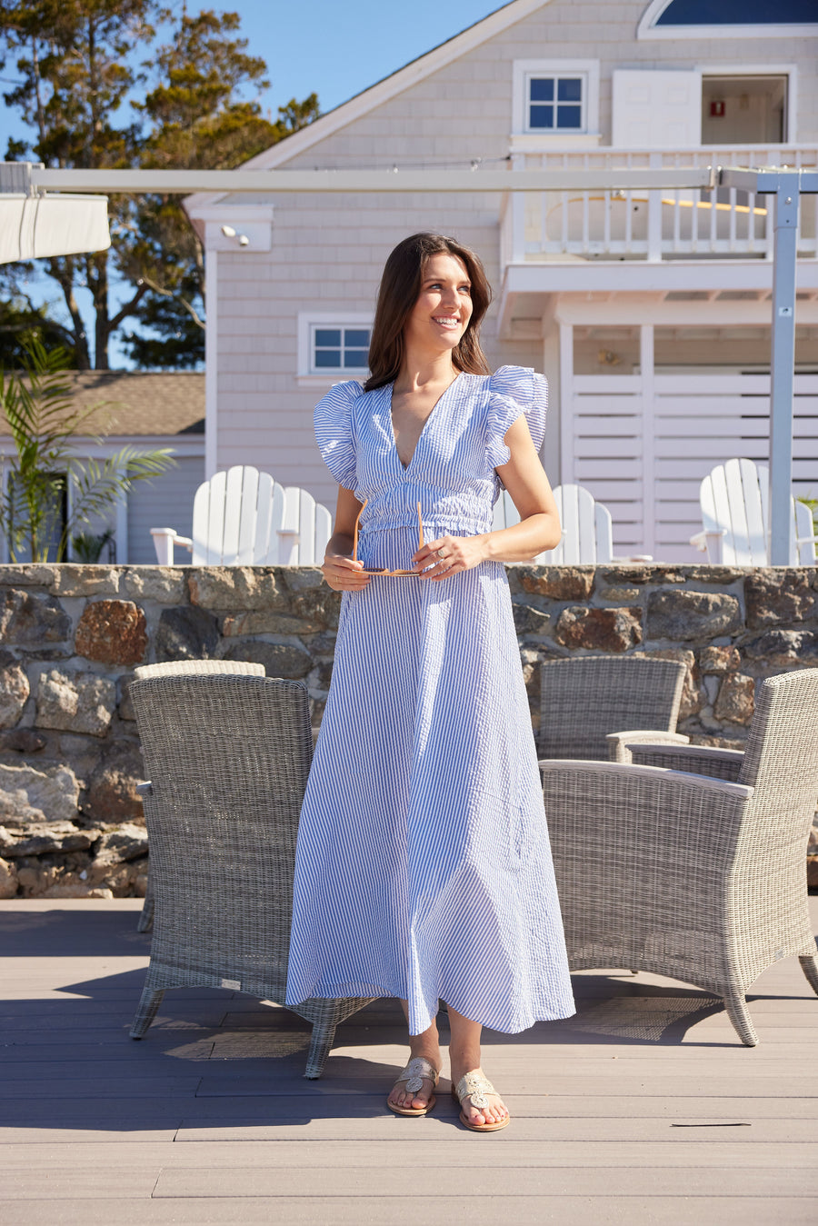 Sail to Sable Seersucker V-Neck Flutter Sleeve Maxi Dress BLUE IKAT PRINT / XL / CAB2324R Sail to Sable Seersucker V-Neck Flutter Sleeve Maxi Dress BLUE IKAT PRINT / XL / CAB2324R