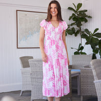Pink Leaf Print Smocked Flutter Sleeve Midi Dress