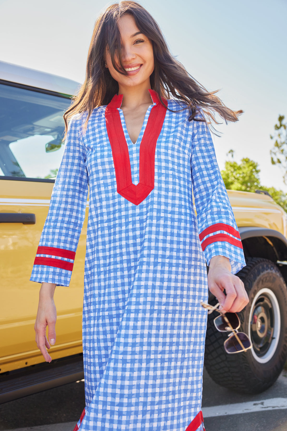 Coastal Blue Gingham Long Sleeve Classic Maxi Tunic