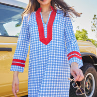 Coastal Blue Gingham Long Sleeve Classic Maxi Tunic