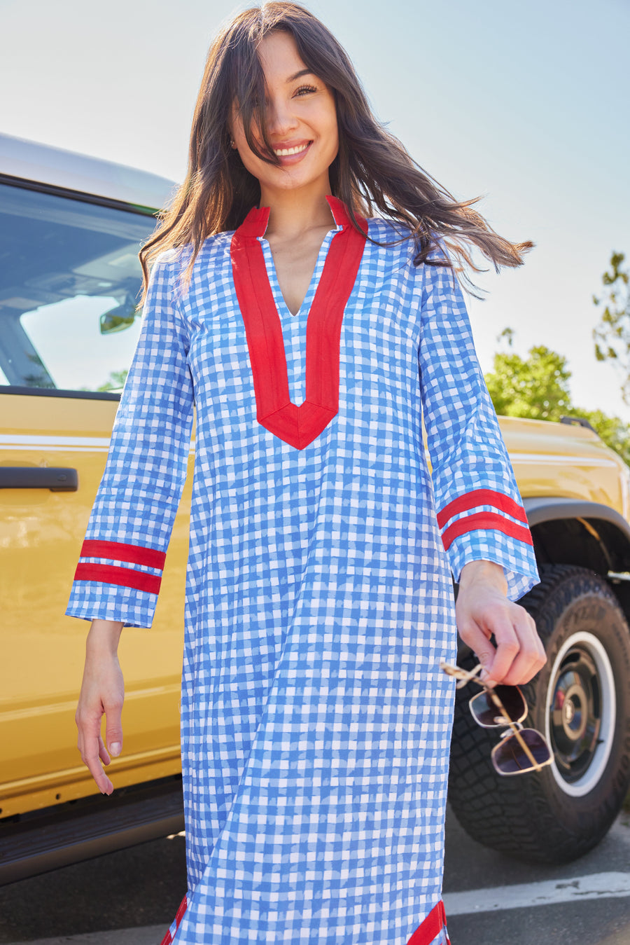 Coastal Blue Gingham Long Sleeve Classic Maxi Tunic