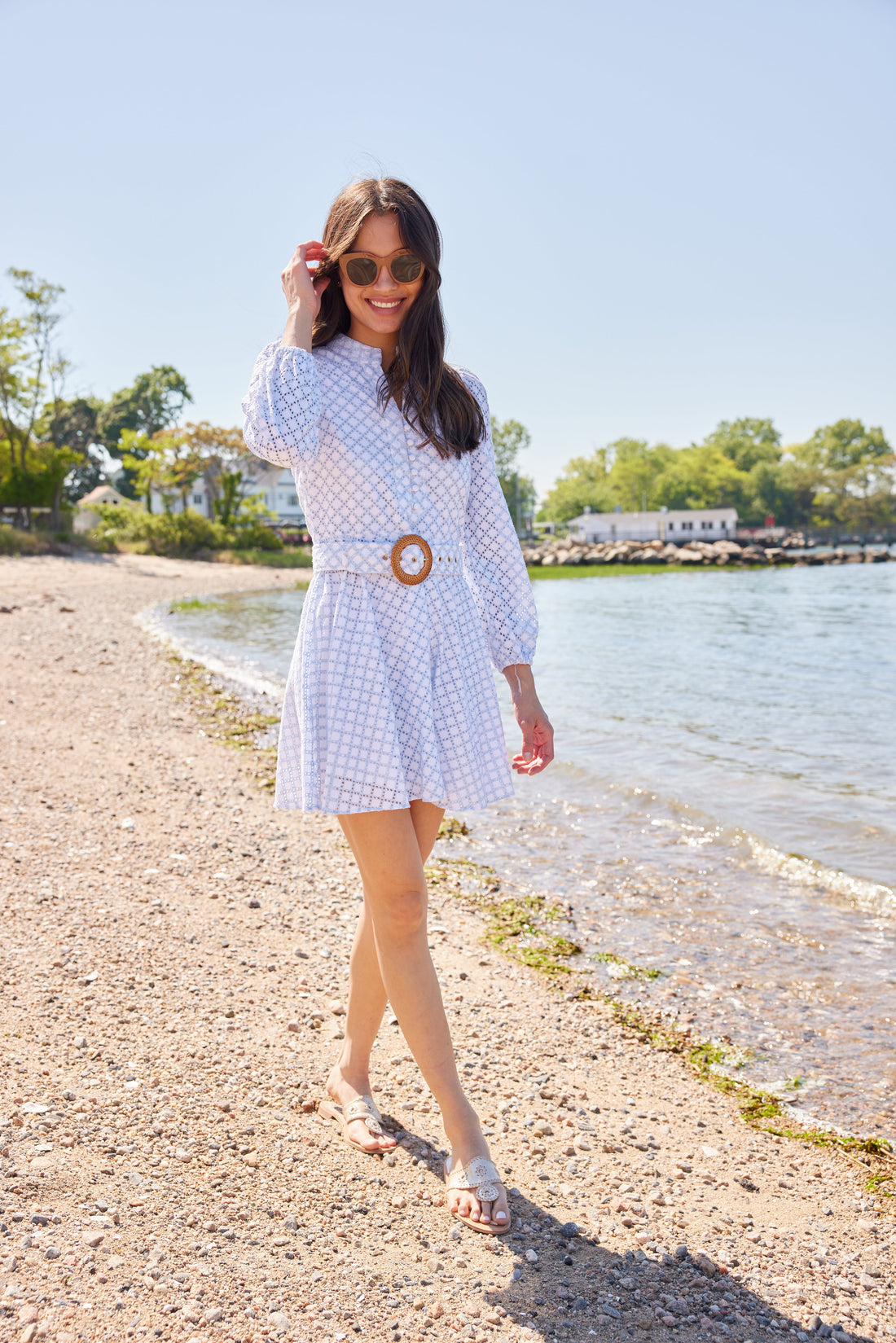 Lacecap Lattice Eyelet Belted Tunic Flare Dress