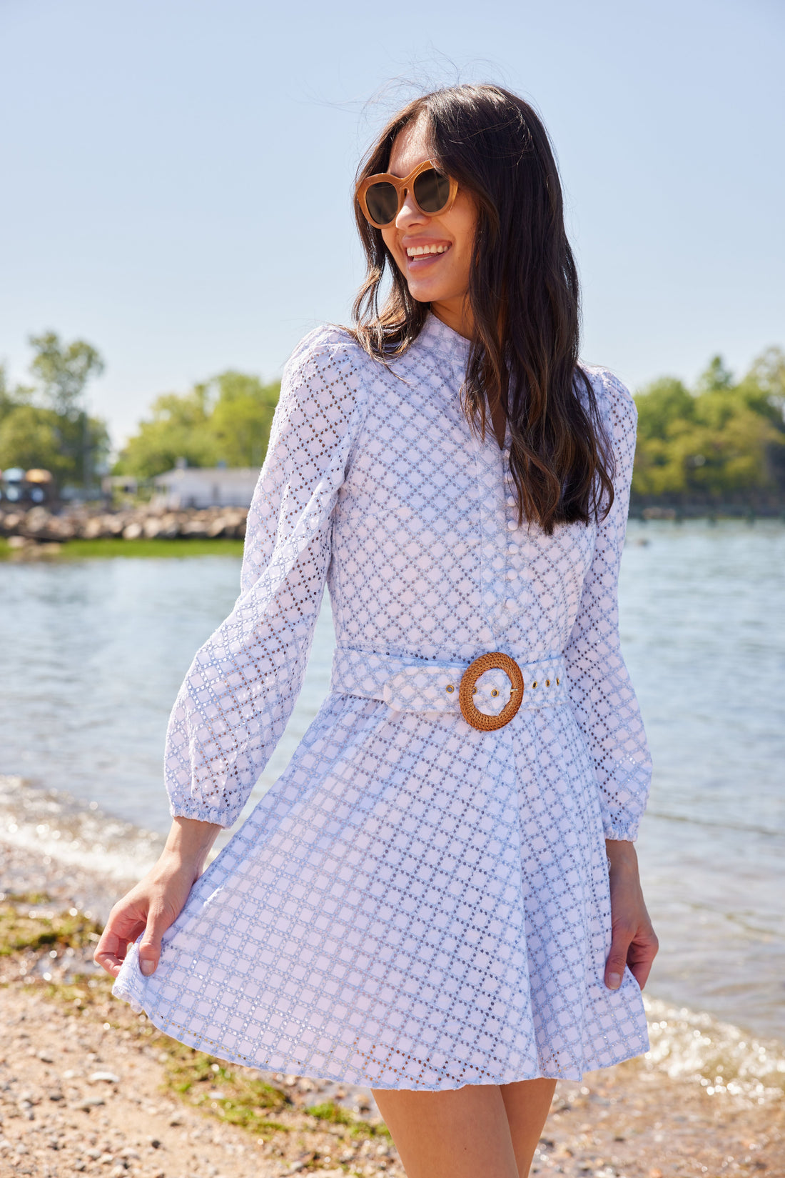 Lacecap Lattice Eyelet Belted Tunic Flare Dress