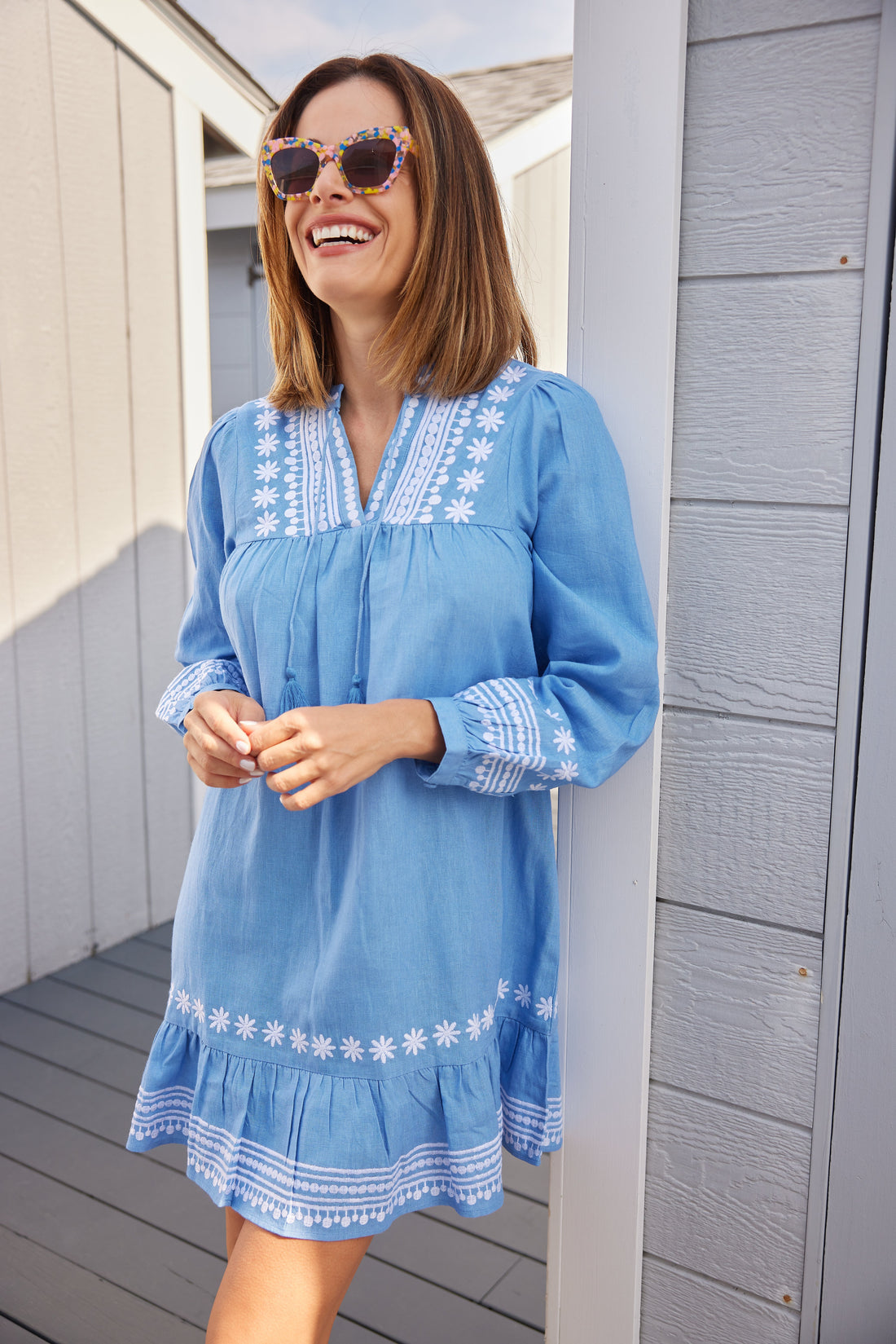 Embroidered Marina Long Sleeve Ruffle Hem Dress