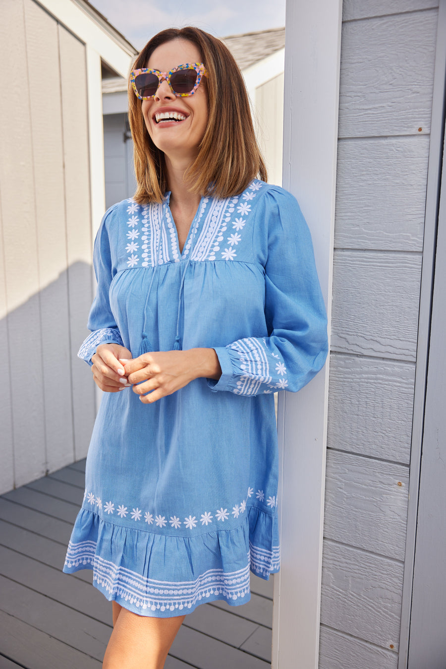 Embroidered Marina Long Sleeve Ruffle Hem Dress