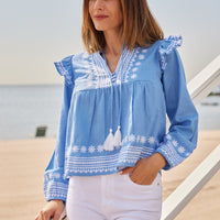 Embroidered Marina Ruffle Front Blouse with Tassels