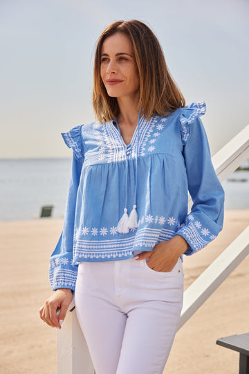 Embroidered Marina Ruffle Front Blouse with Tassels