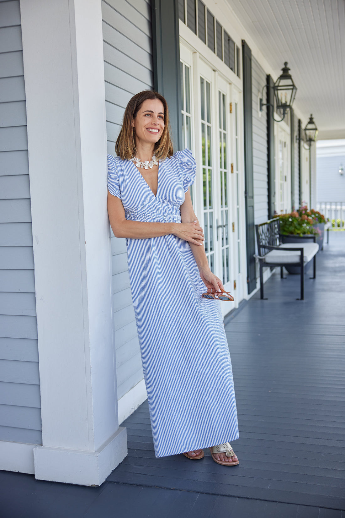 Seersucker V-Neck Flutter Sleeve Maxi Dress