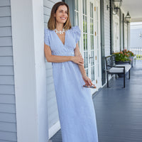 Seersucker V-Neck Flutter Sleeve Maxi Dress