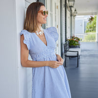 Seersucker V-Neck Flutter Sleeve Maxi Dress