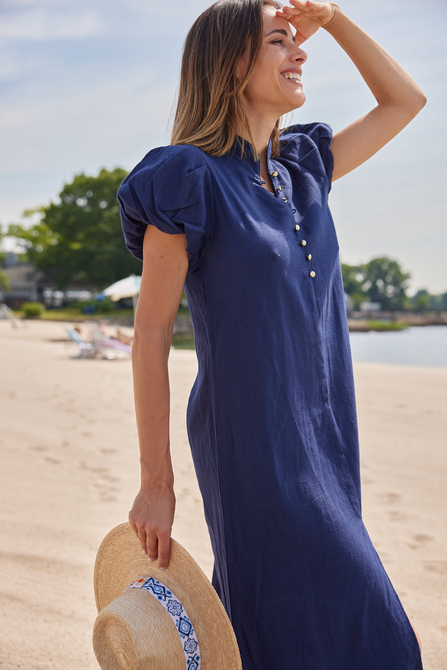 Navy Linen Puff Sleeve Dress