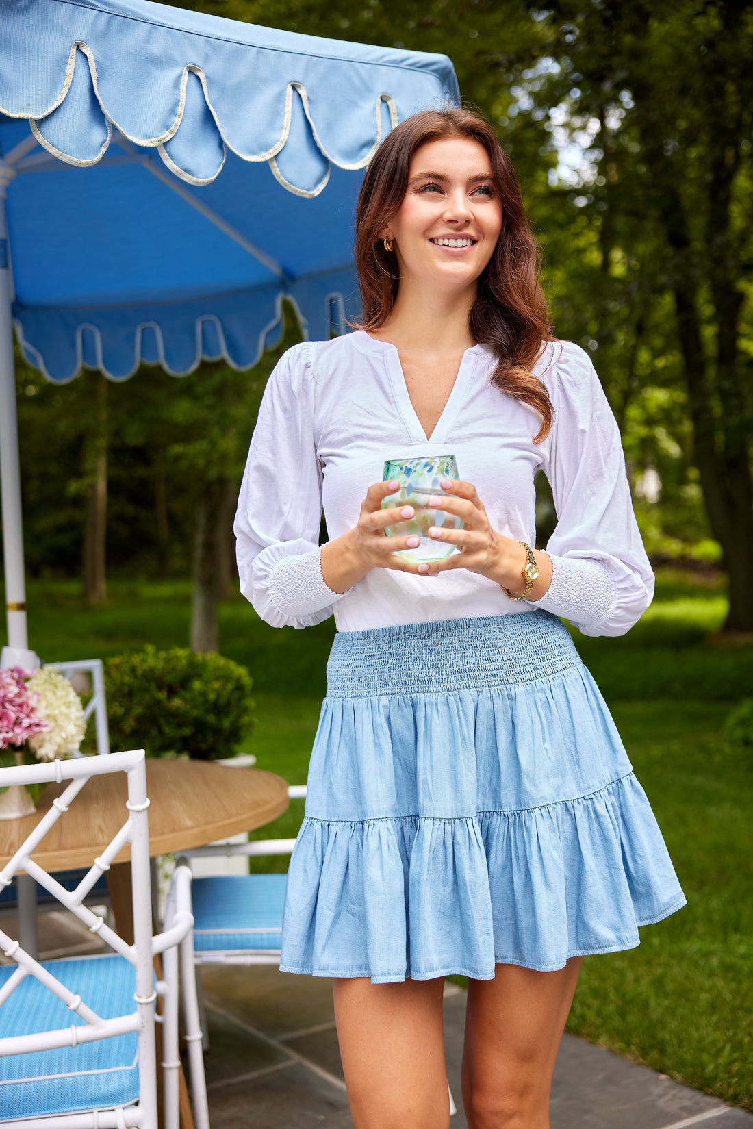 Chambray Smocked Waist Mini Skirt