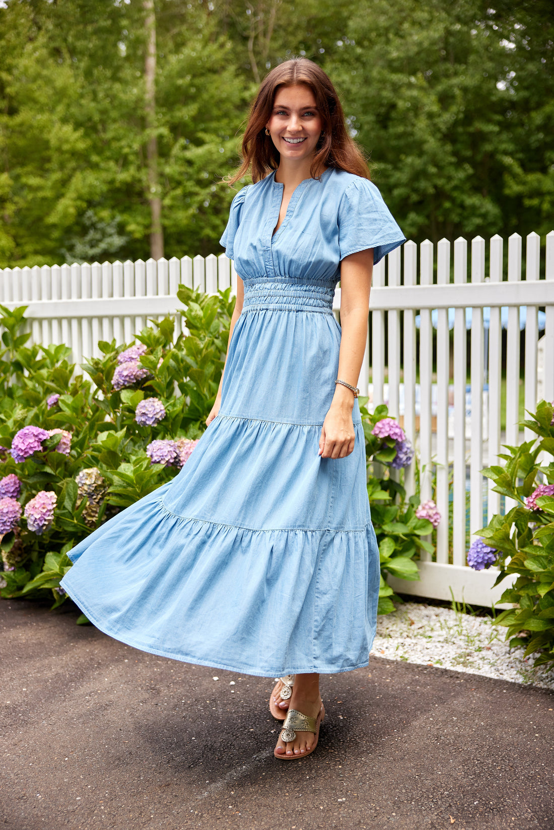 Chambray Cinched Waist Midi Dress