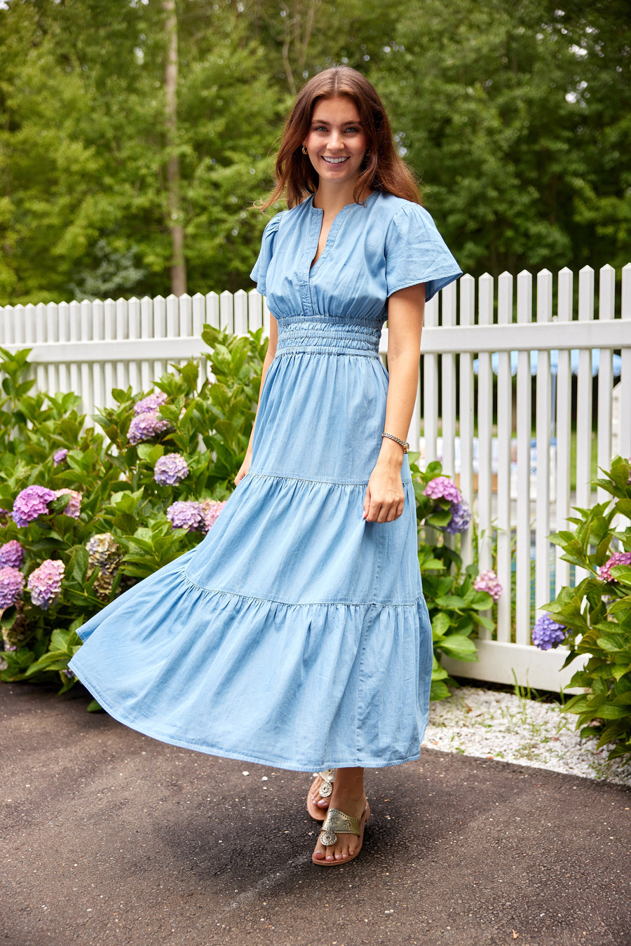 Chambray Cinched Waist Midi Dress